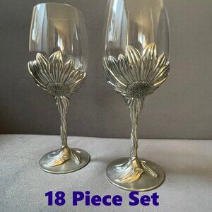 🌻 Vintage Royal Selangor "Sunflower" Pewter & Glass 18-Piece Goblet Set